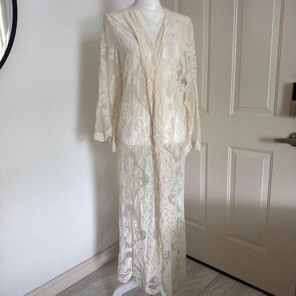 Adiva Anthropologie Ivory Floral Sheer Lace Open Front Kimono Long cardigan